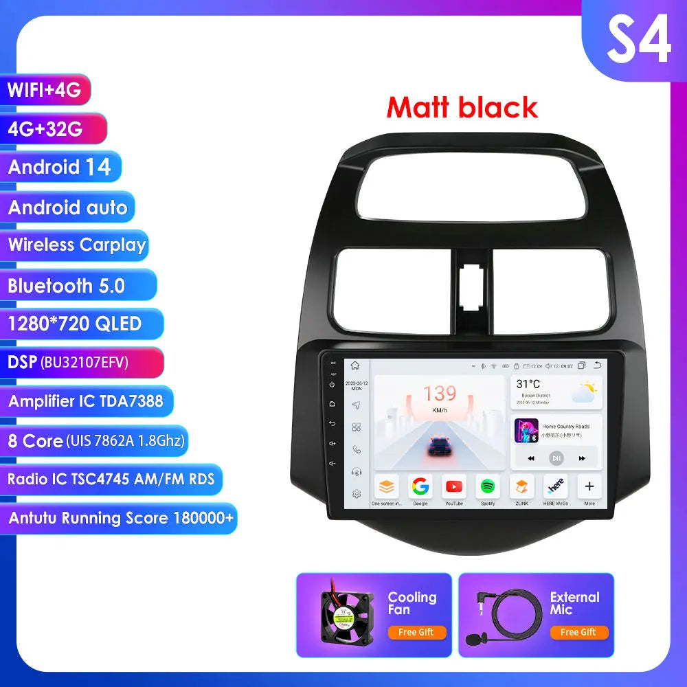 Chevrolet Spark Beat Matiz Creative 2010-2014 9" Android 14 Carplay Android auto wireless wifi bt gps 4g AUTMTPT1