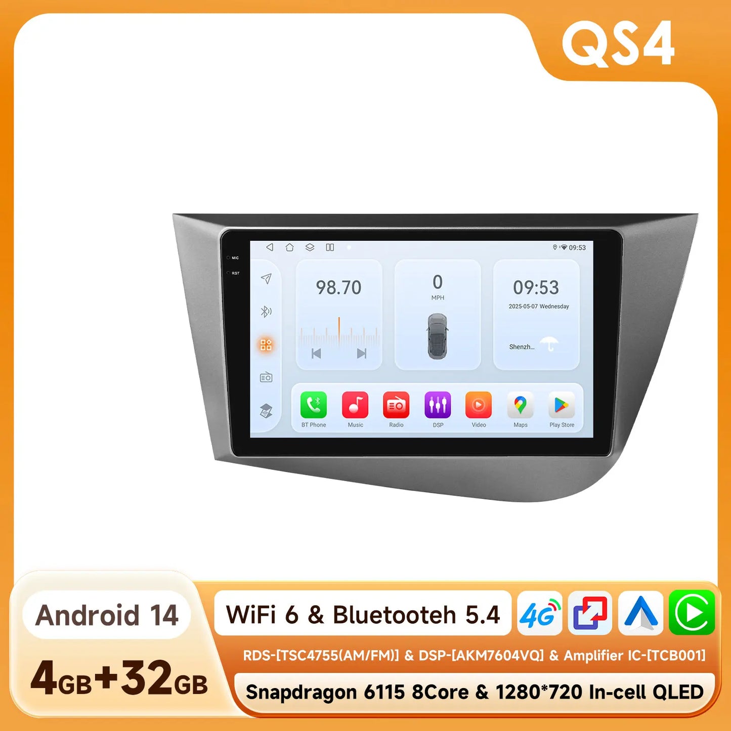 Seat Leon 2 MK2 2005 - 2012 9" Android 14 Carplay Android auto wireless wifi bt gps 4g AUTMJ9VX