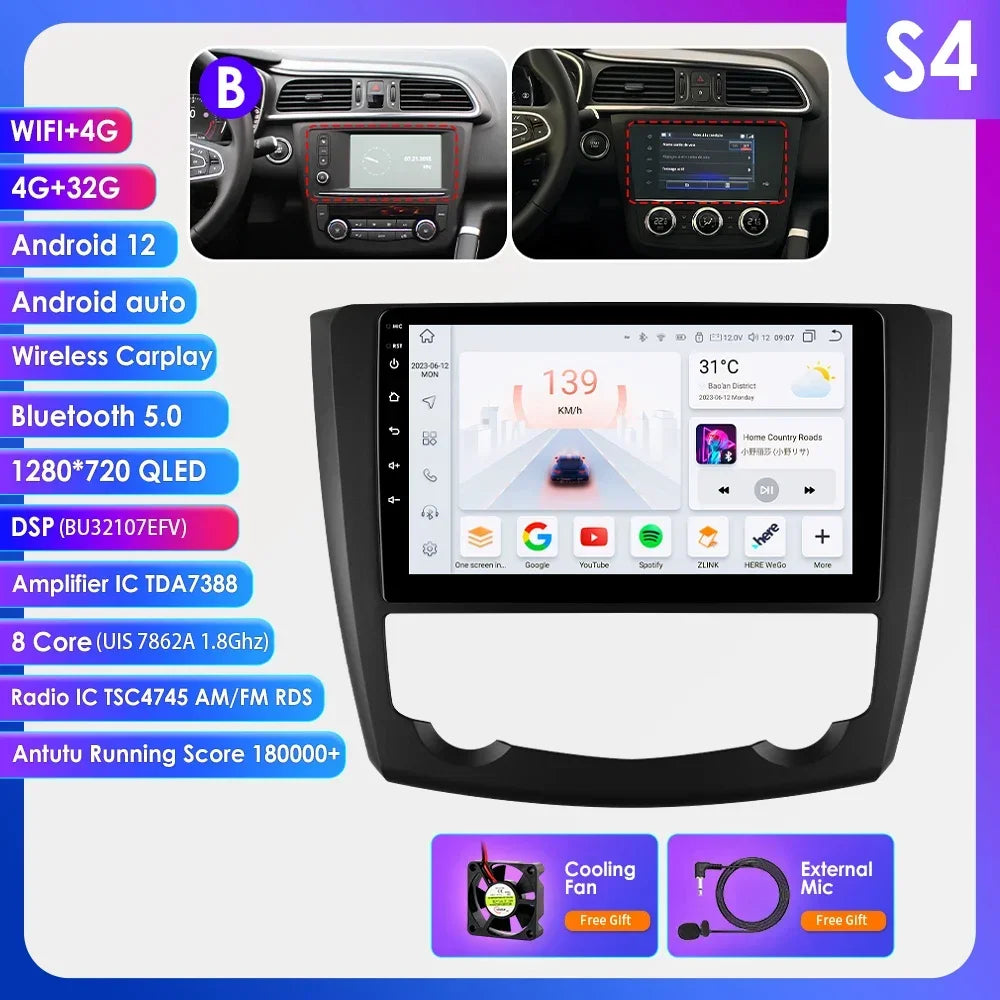 Renault Kadjar 2015-2019 9" Android 14 Carplay Android auto wireless wifi bt gps 4g AUTM83VU
