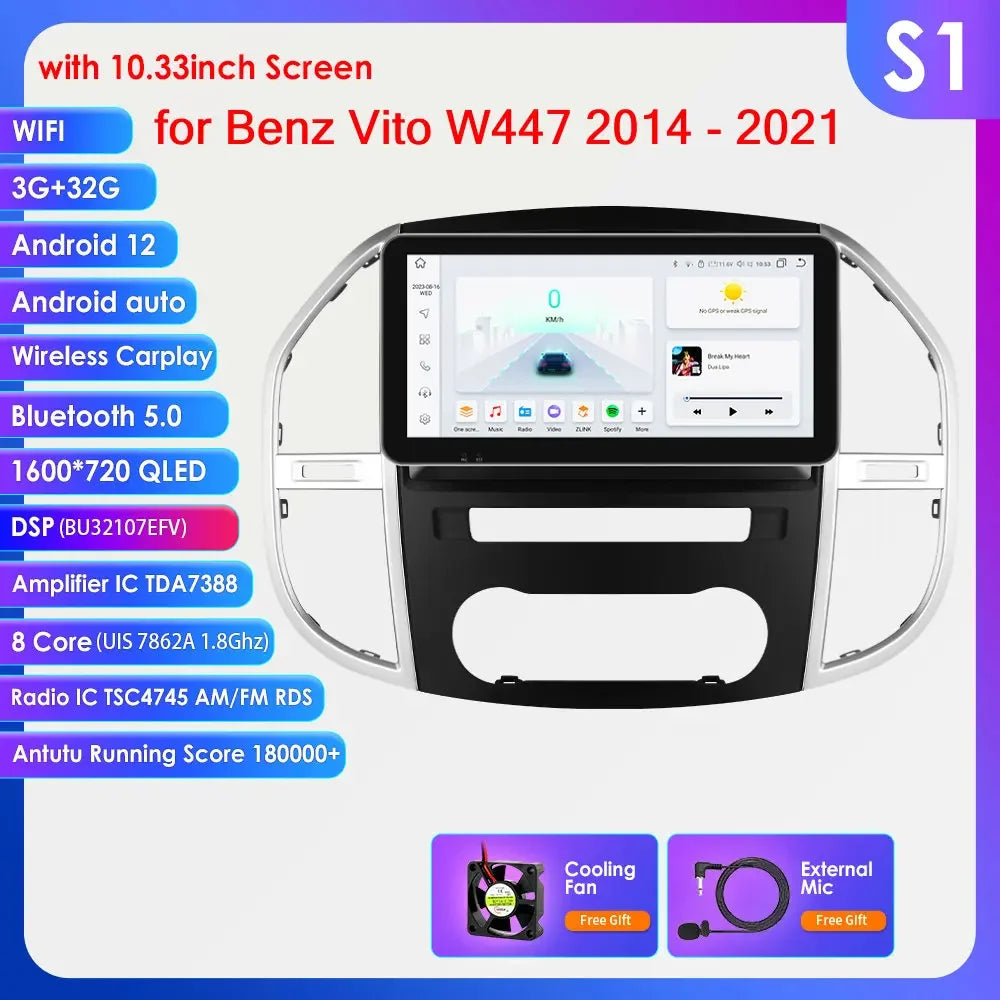 Mercedes Benz Vito W447 2014 - 2021 9" /10,33" Android 14 Carplay Android auto wireless wifi bt gps 4g AUTMCTCJ
