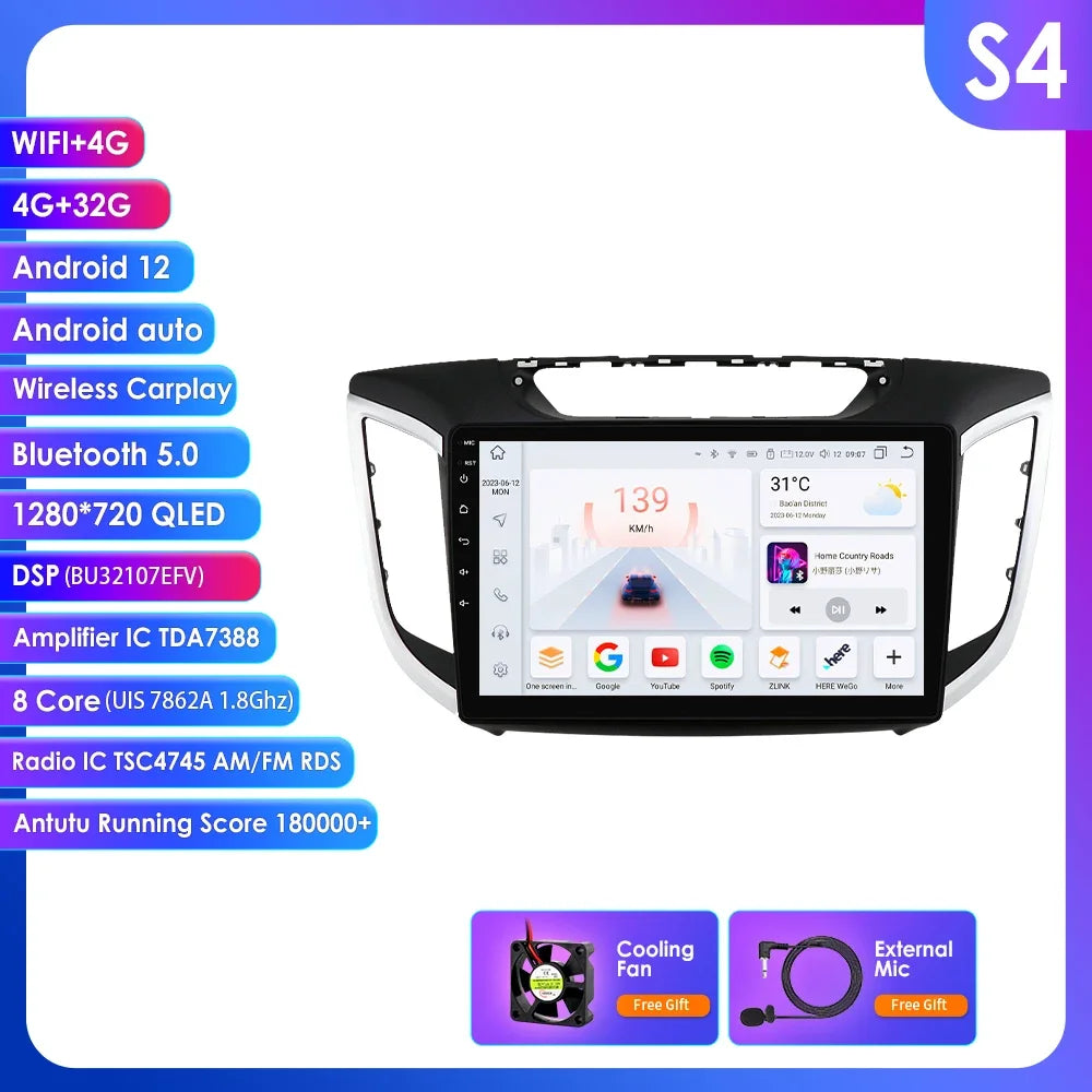 Hyundai Creta Ix25 2015 - 2019 10,1" Android 14 Carplay Android auto wireless wifi bt gps 4g AUTM4S9U