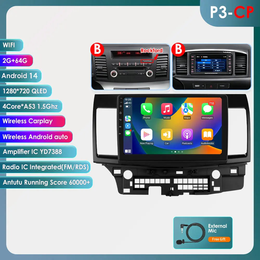 Mitsubishi Lancer 2007-2012 9" Android 14 Carplay Android auto wireless wifi bt gps 4g AUTMLCRMT