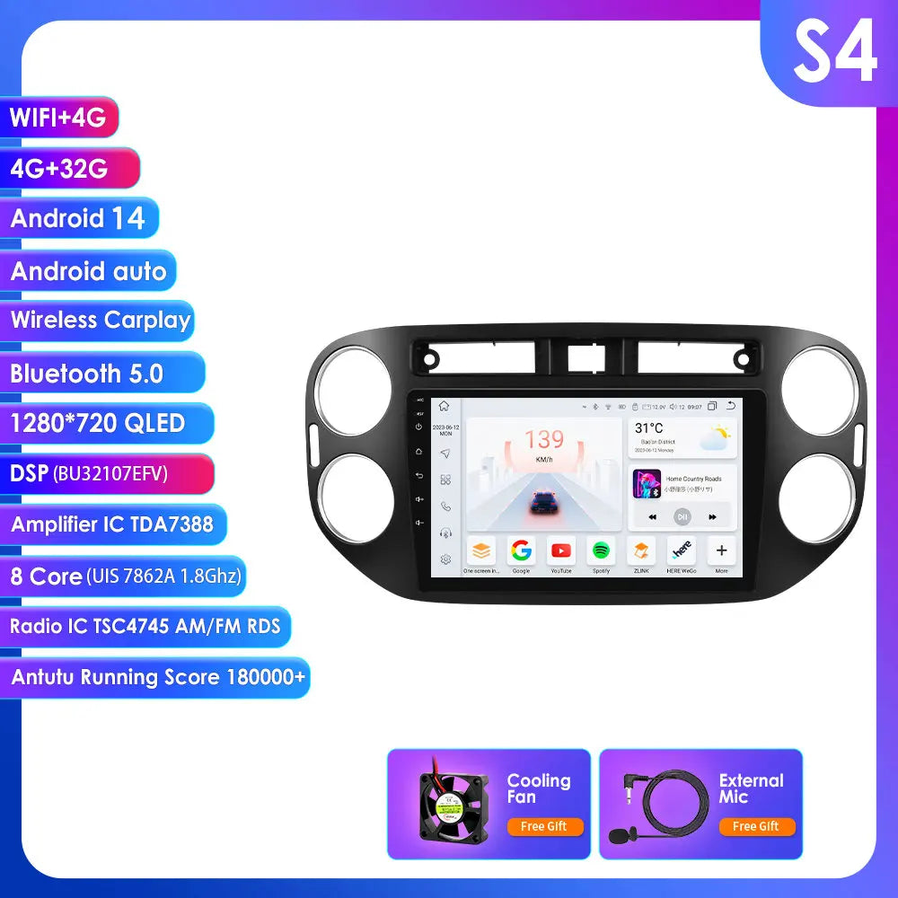 VW Volkswagen Tiguan 2006-2016 9" Android 14 Carplay Android auto wireless wifi bt gps 4g AUTMKZ2Q