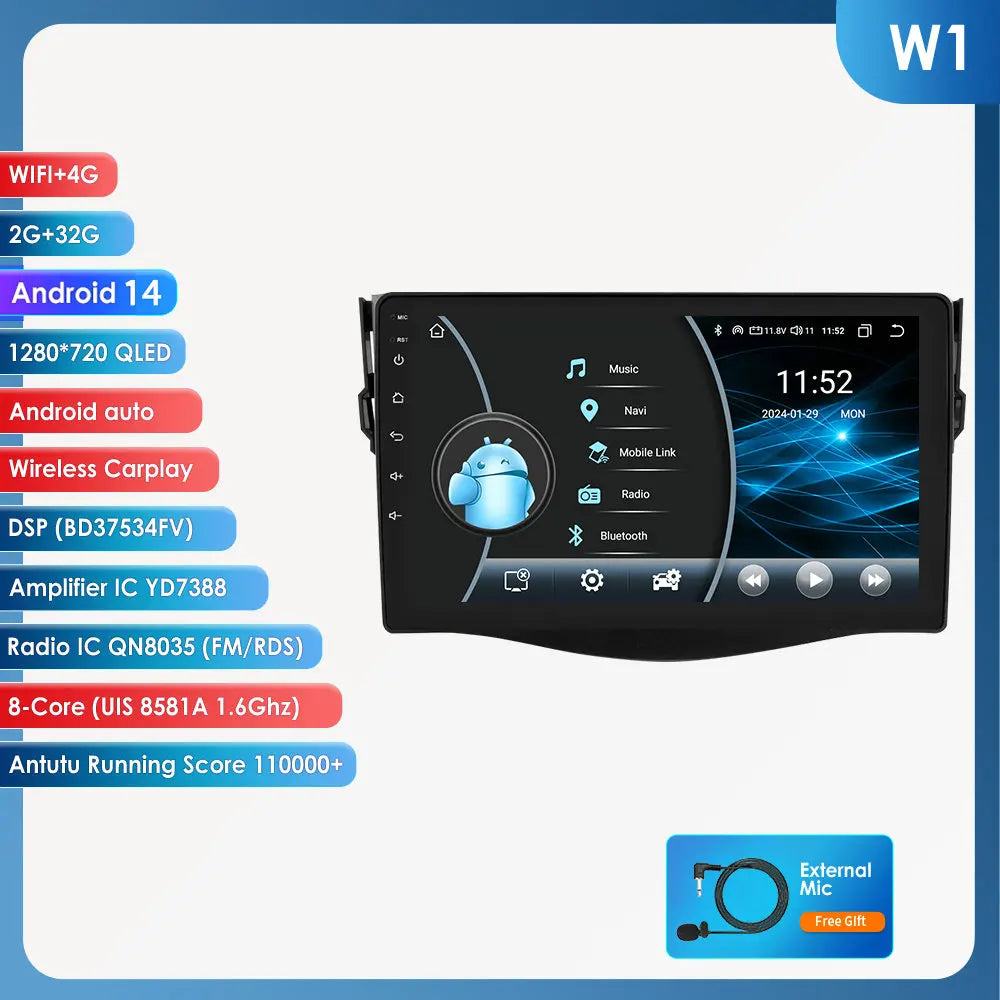 Toyota RAV4 RAV 4 2006 - 2012 9" Android 14 Carplay Android auto wireless wifi bt gps 4g AUTM6VGT