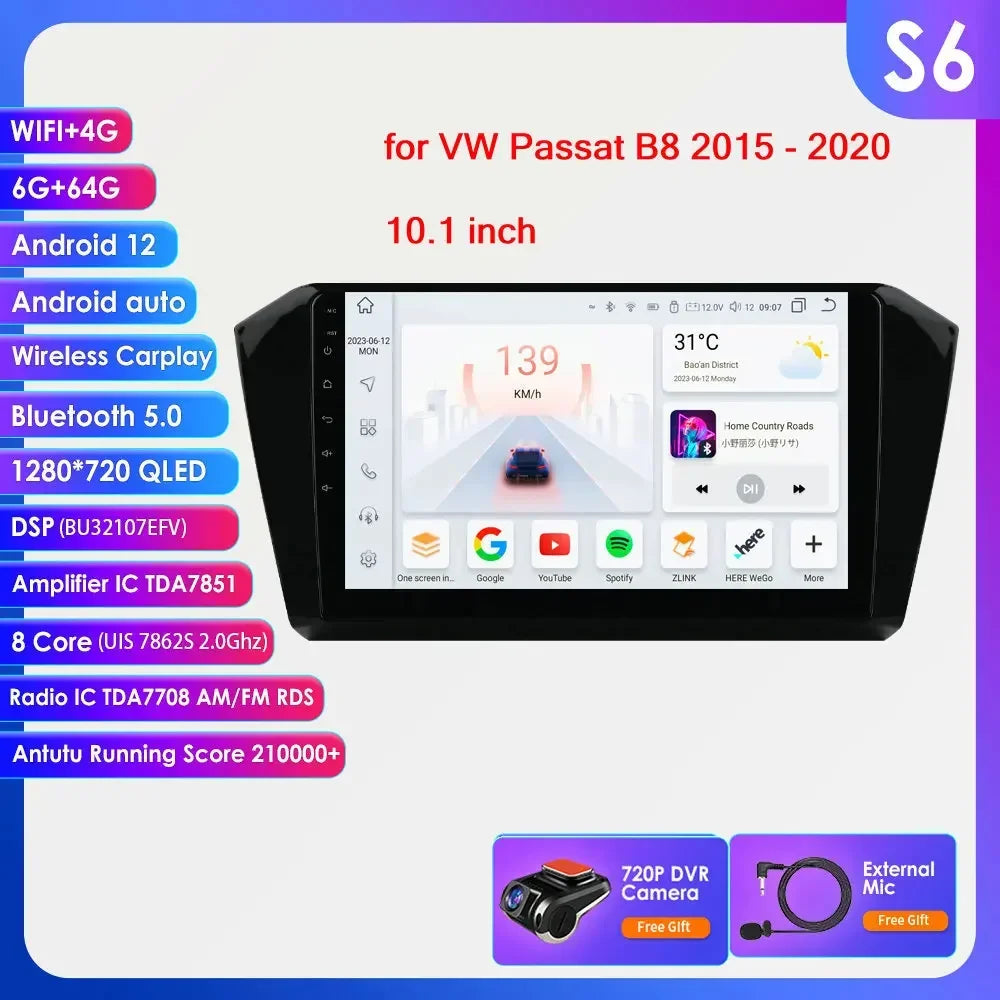 VW Passat B8 2014 -2023 10,1" Android 14 Carplay Android auto wireless wifi bt gps 4g AUTMP6CD