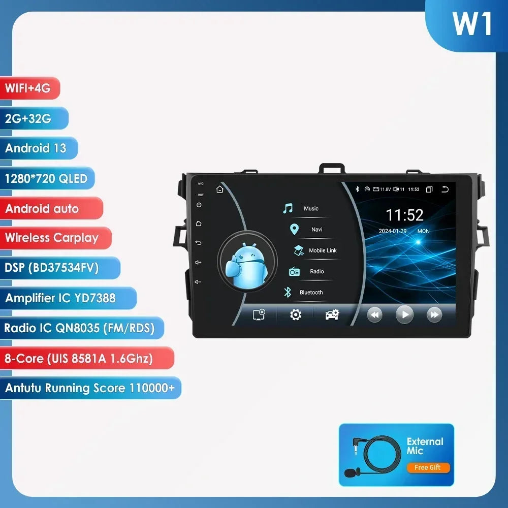 Toyota Corolla E140/150 2007 - 2011 9" Android 14 Carplay Android auto wireless wifi bt gps 4g AUTMCRLTY