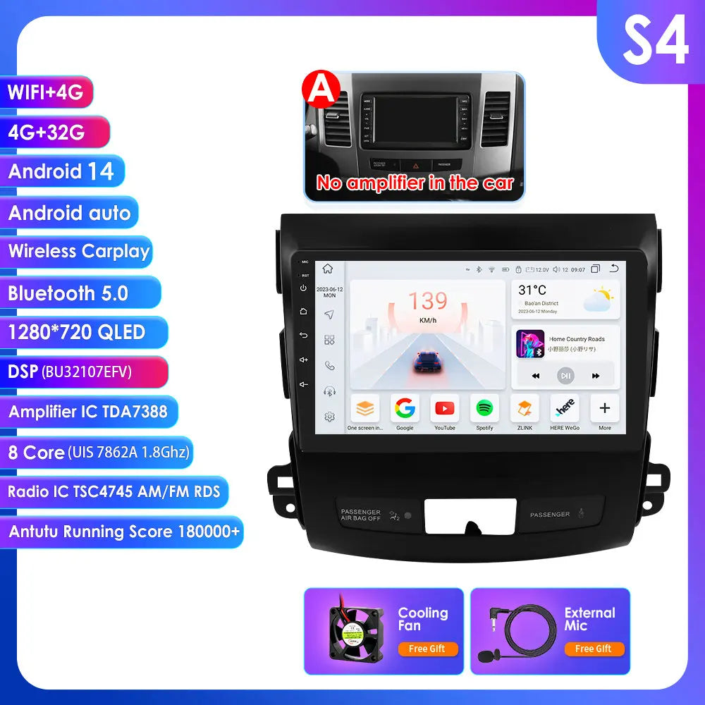 Peugeot 4007 Mitsubishi Outlander 2 Citroen C-Crosser 9" Android 14 Carplay Android auto wireless wifi bt gps 4g AUTMS5Y3
