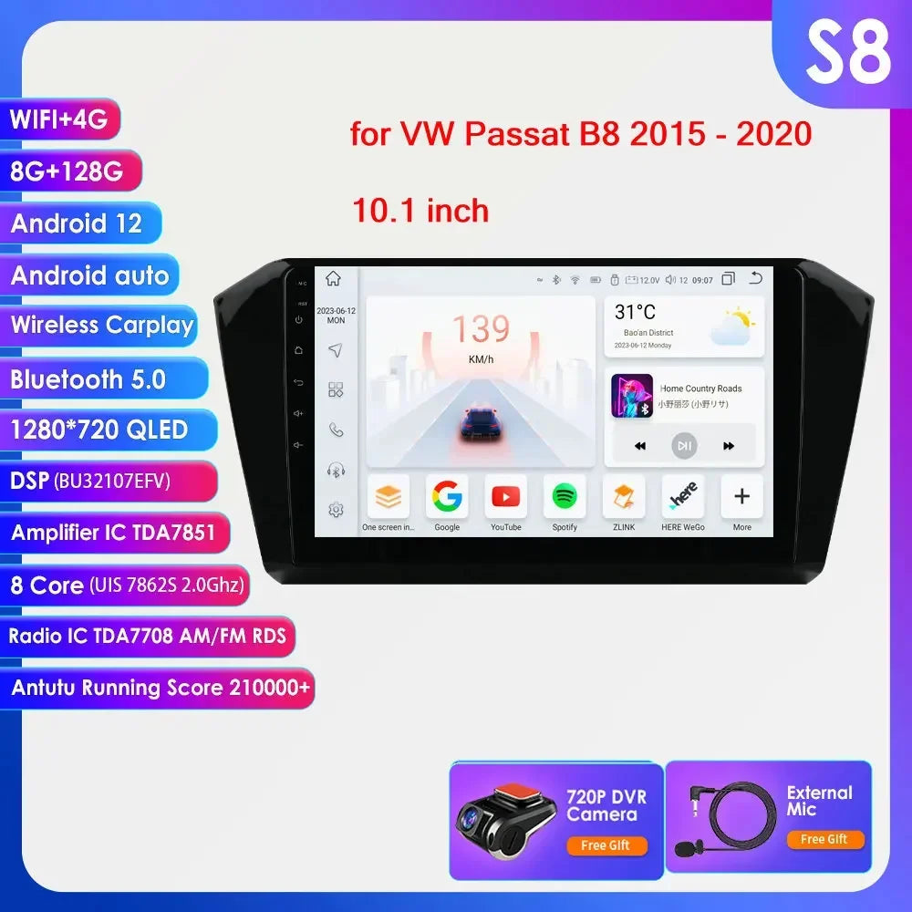 VW Passat B8 2014 -2023 10,1" Android 14 Carplay Android auto wireless wifi bt gps 4g AUTMP6CD