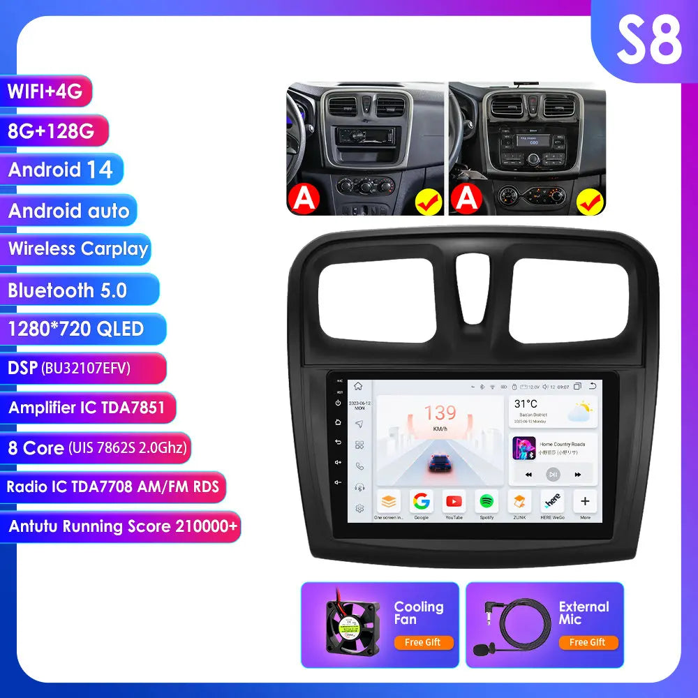 Dacia Logan 2 II Sandero 2 2012-2019 9" Android 14 Carplay Android auto wireless wifi bt gps 4g AUTMH2D9