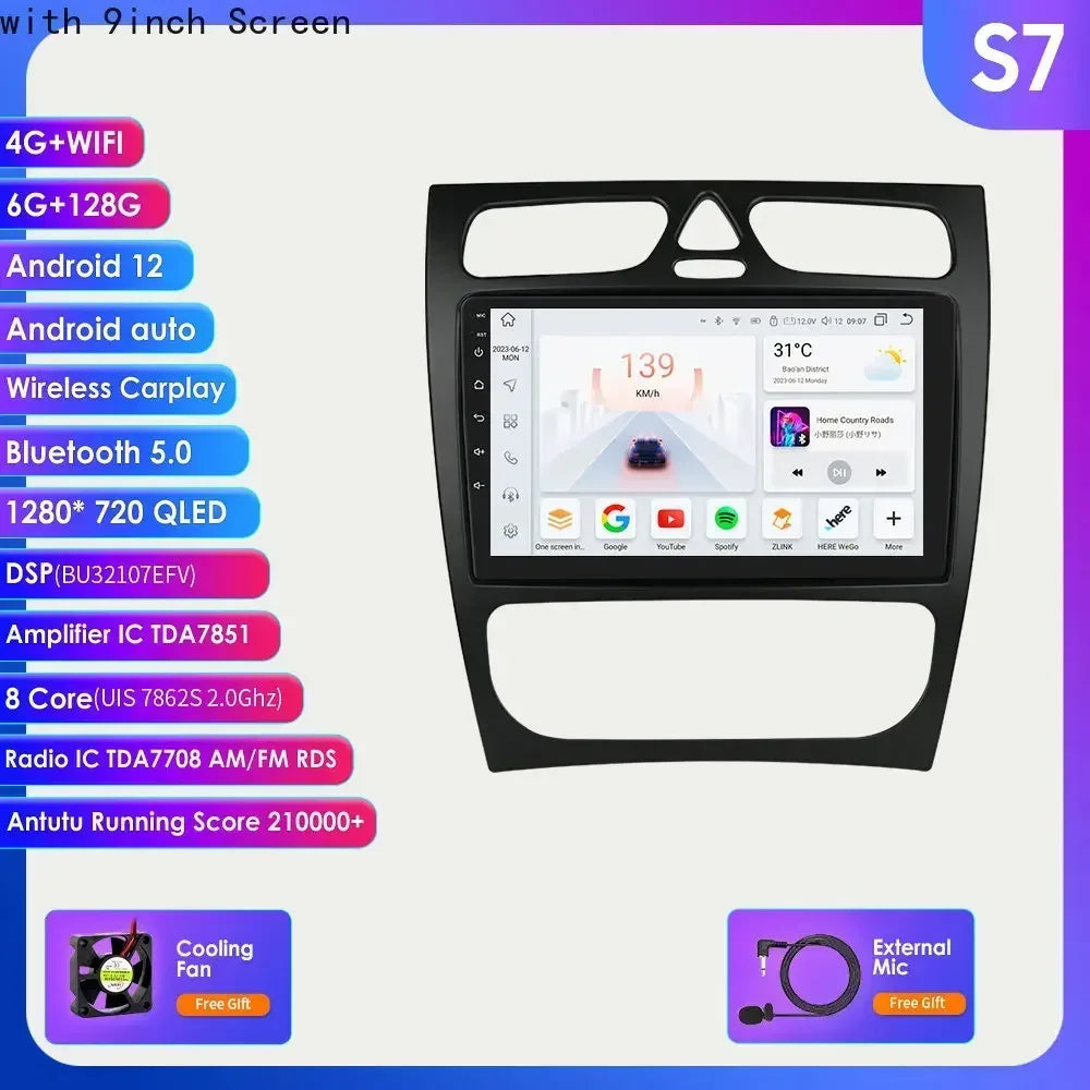 Mercedes-Benz A W168 C W203 G W463 Viano Vito CLK Class C209 1998-2006 9" Android 14 Carplay Android auto wireless wifi bt gps 4g AUTMZH0A