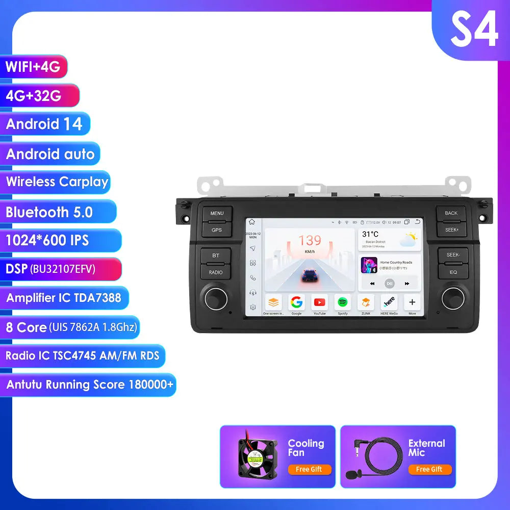 BMW E46 M3 Rover 75 Coupe 318/320/325/330/335 7" Android 14 Carplay Android auto wireless wifi bt gps 4g AUTMV3CK