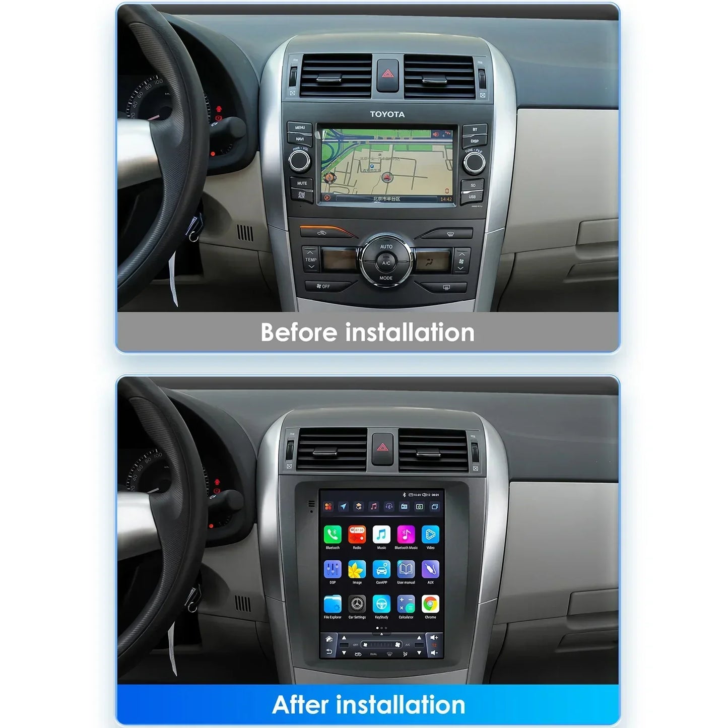 Toyota Corolla E140 / E150 2006 - 2013 9.7" Android 14 Carplay Android auto wireless wifi bt gps 4g CRLTYTE2