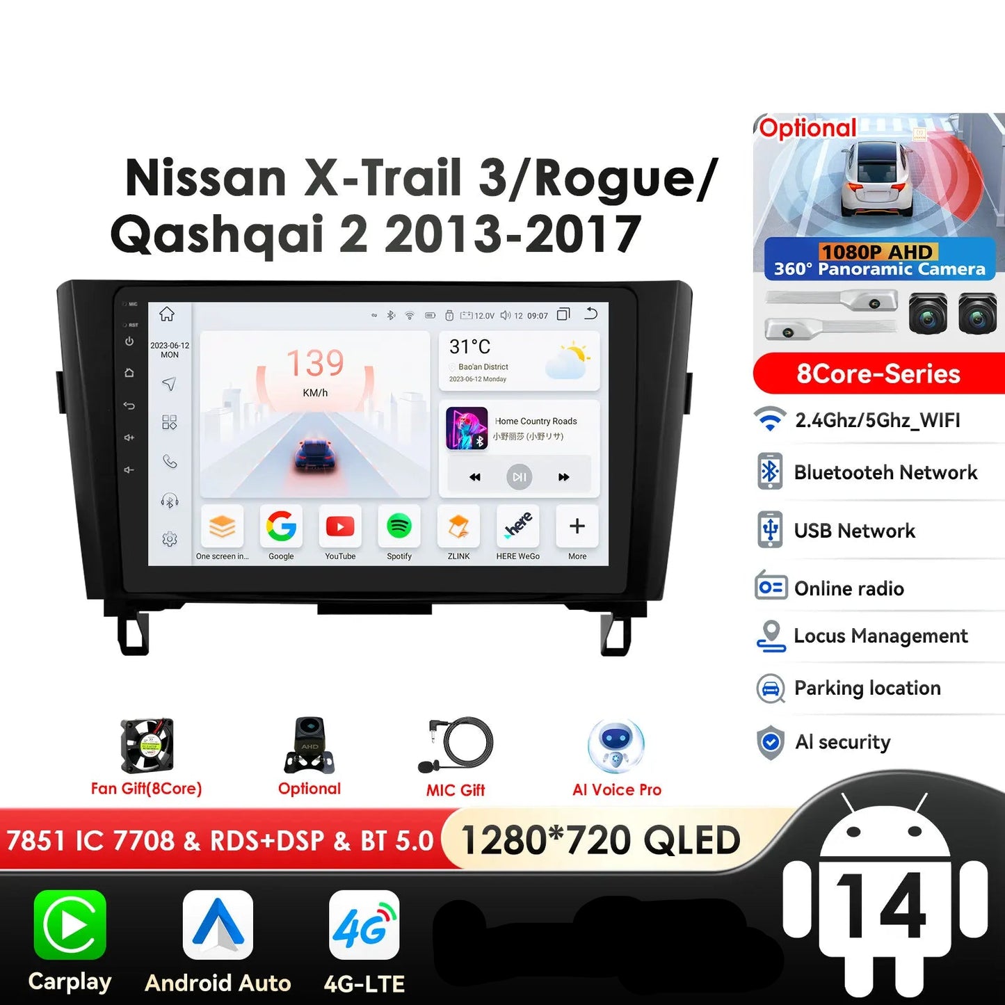 Nissan X-Trail Xtrail X Trail 3 T32 Qashqai 2 J11 2014-2018 10" Android 14 Carplay Android auto wireless wifi bt gps 4g AUTMSINJ11