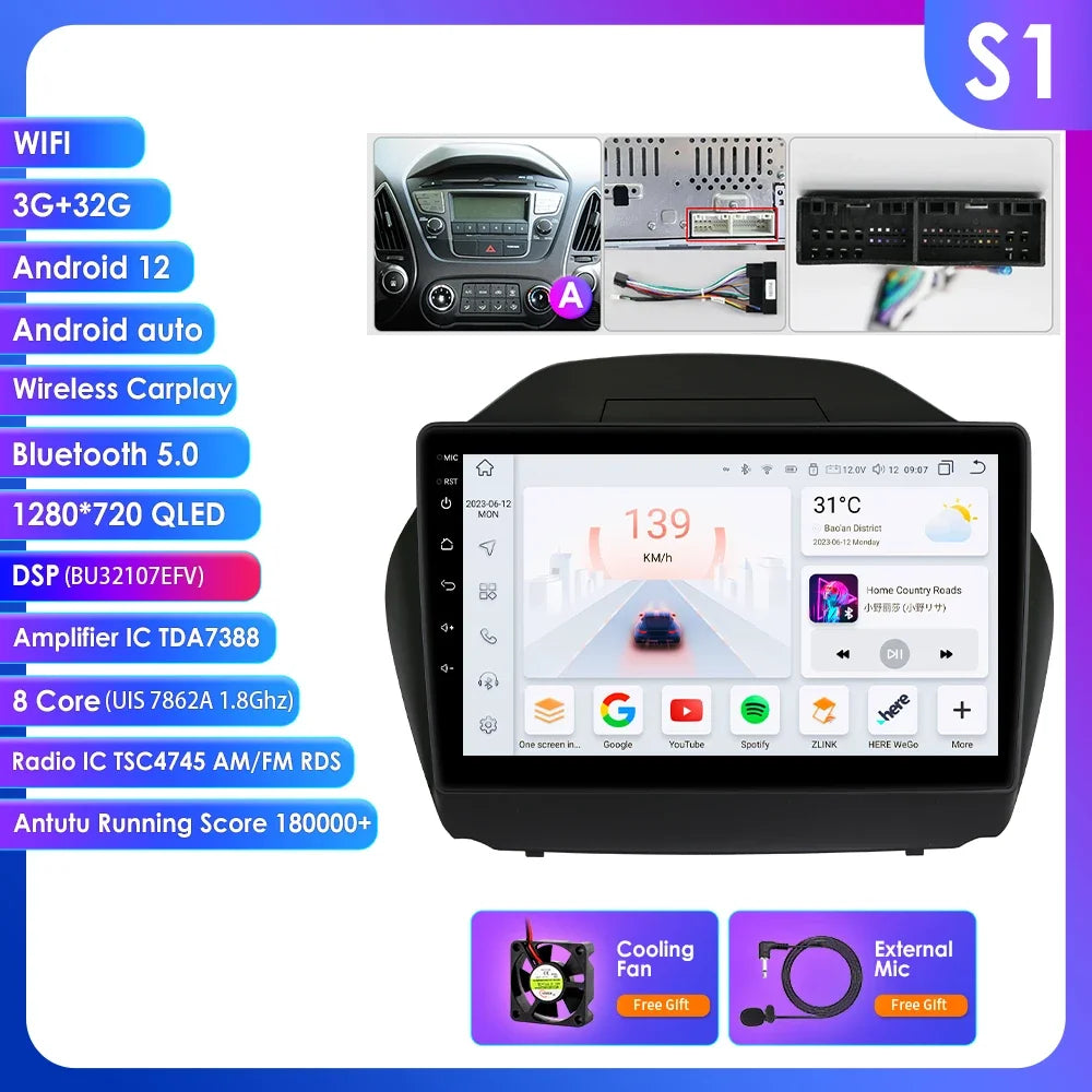 Hyundai Tucson 2 LM IX35 2009-2015 9" / 10,33" Android 14 Carplay Android auto wireless wifi bt gps 4g AUTMKXK8
