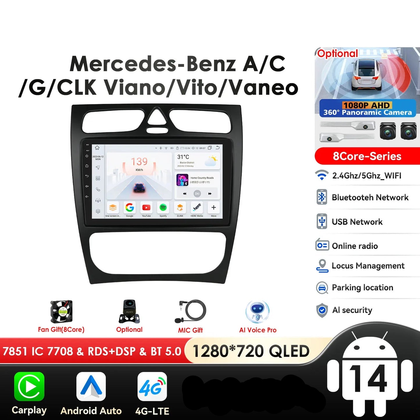 Mercedes-Benz A W168 C W203 G W463 Viano Vito CLK Class C209 1998-2006 9" Android 14 Carplay Android auto wireless wifi bt gps 4g AUTMZH0A