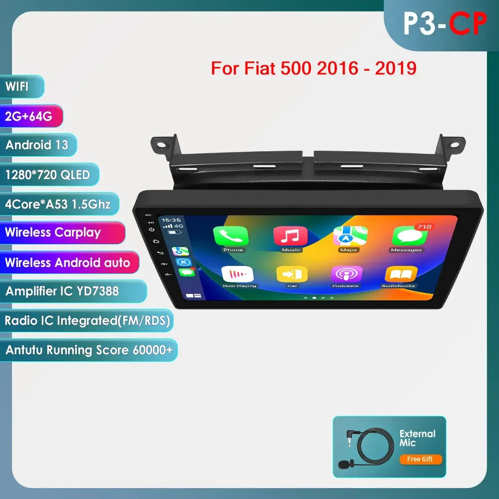Fiat 500 2016 -2020 9"/10,33" Android 14 Carplay Android auto wireless wifi bt gps 4g AUTM7LJI