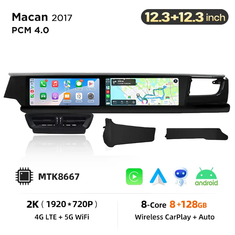 Porsche Macan 2014-2024 Autoradio wireless interattiva a 2 schermi da 12,3 pollici con CarPlay / Android auto wireless per l'intrattenimento del copilota e del passeggero AUTM9NRU