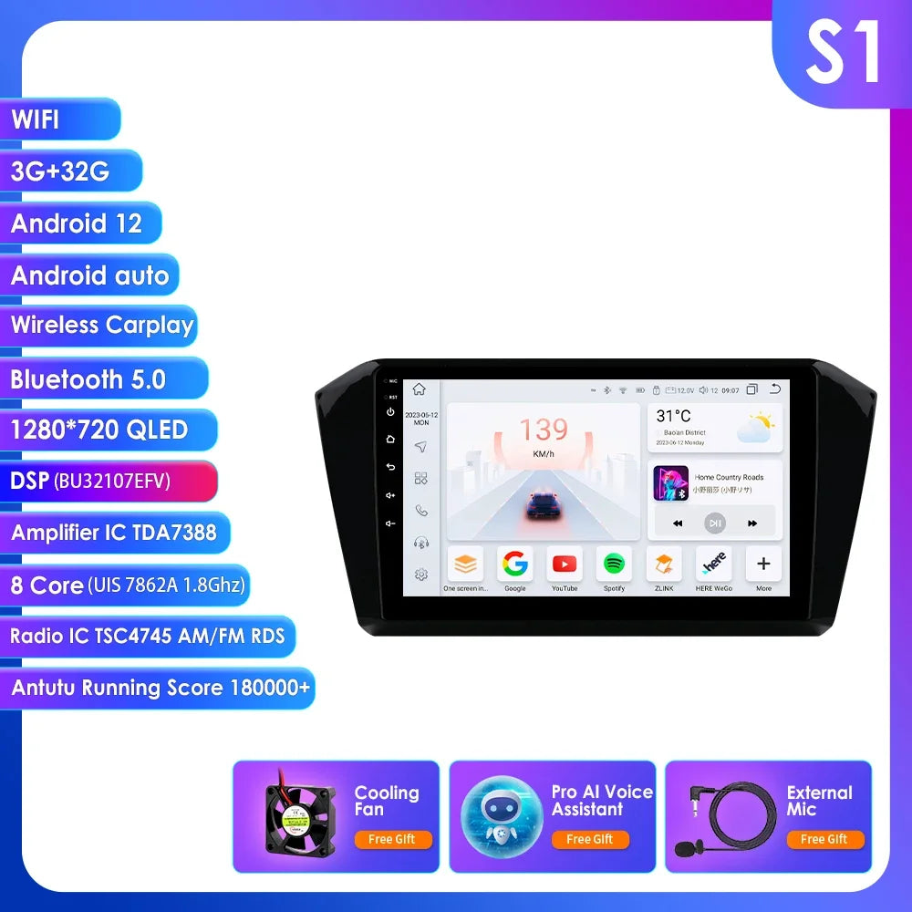 VW Passat B8 2014 -2023 10,1" Android 14 Carplay Android auto wireless wifi bt gps 4g AUTMP6CD