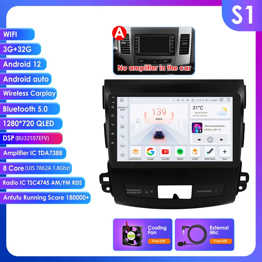 Peugeot 4007 Mitsubishi Outlander 2 Citroen C-Crosser 9" Android 14 Carplay Android auto wireless wifi bt gps 4g AUTMS5Y3