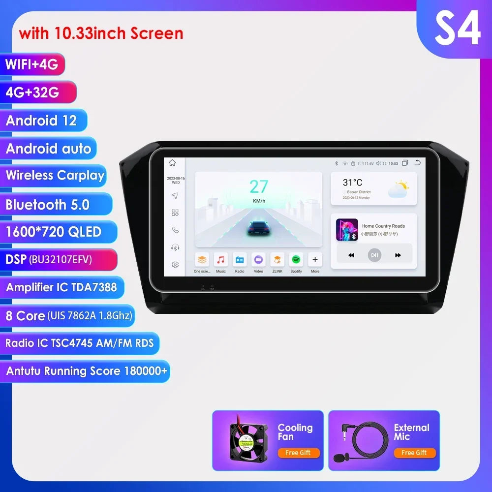 VW Passat B8 2014 -2023 10,1" Android 14 Carplay Android auto wireless wifi bt gps 4g AUTMP6CD