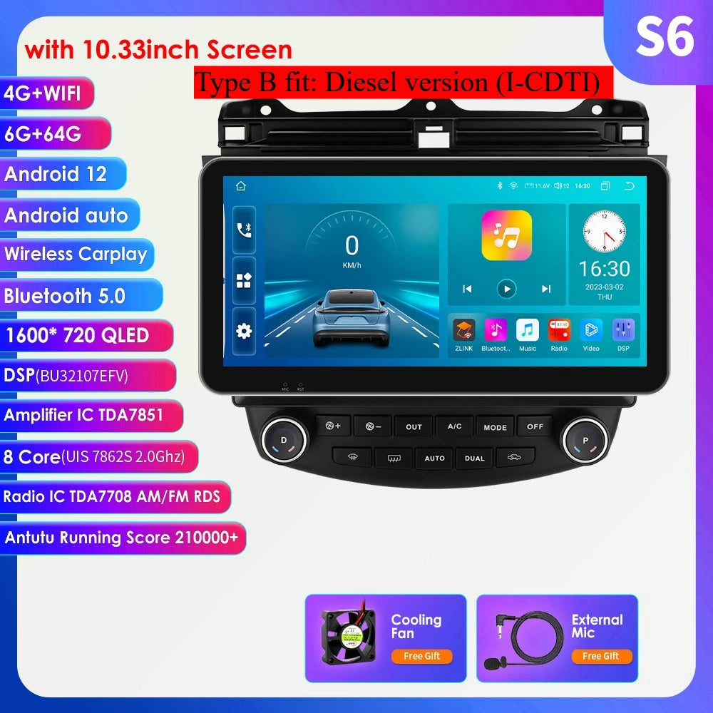 Honda Accord 7 2003 - 2007 9" Android 14 Carplay Android auto wireless wifi bt gps 4g AUTMDROH