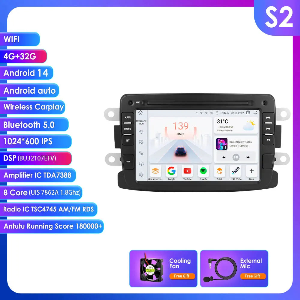 Dacia Logan Dokker Duster Sandero Lodgy Renault Captur 2011-2017 7" Android 14 Carplay Android auto wireless wifi bt gps 4g AUTMSQF6