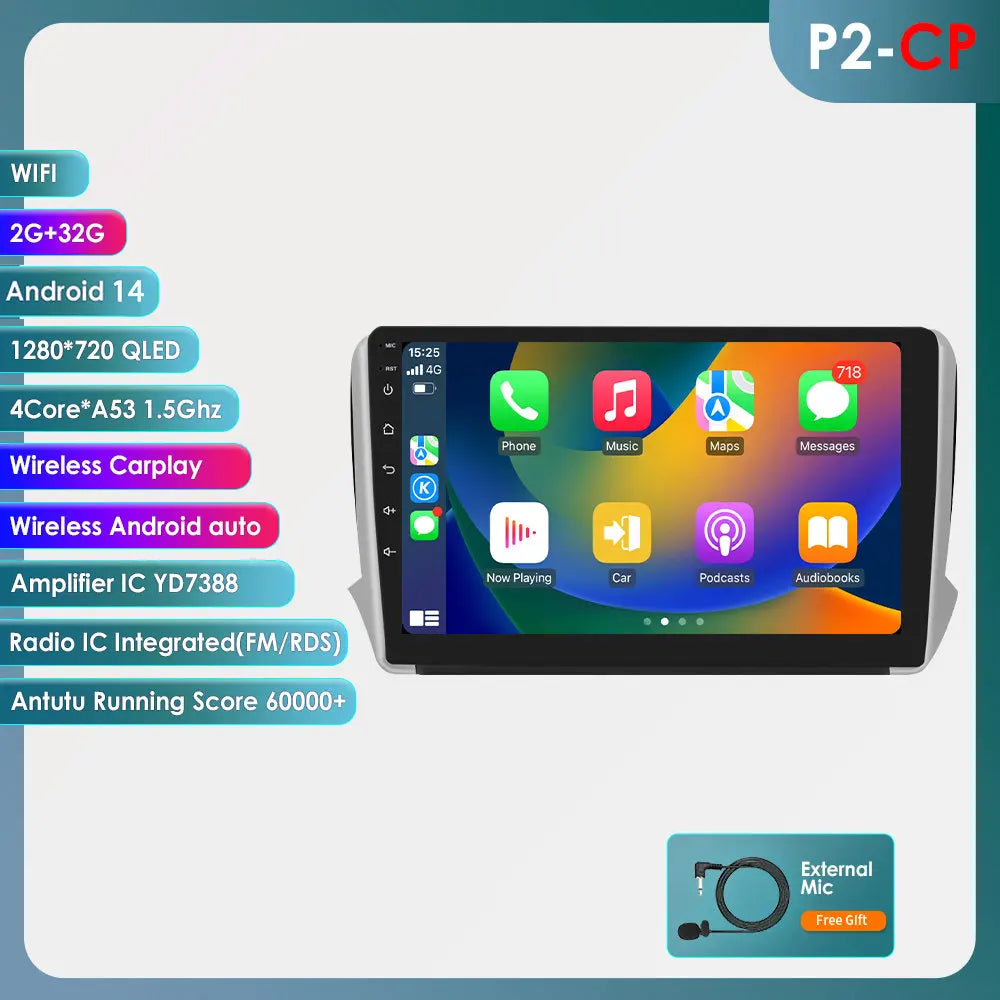 Peugeot 208 2008 Series 2012-2018 9" Android 14 Carplay Android auto wireless wifi bt gps 4g AUTM0LAH
