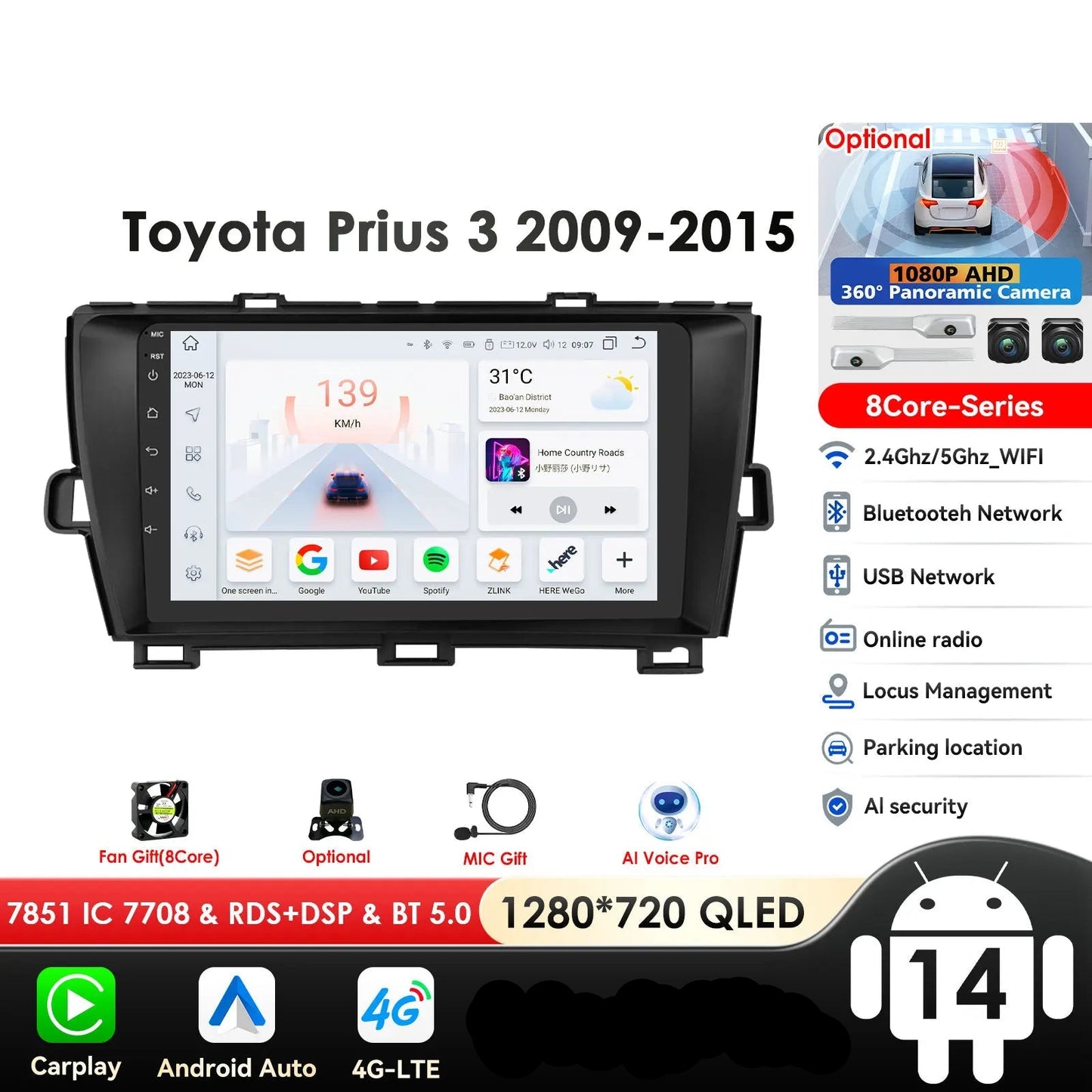 Toyota Prius XW30 2009-2015 9"Android 14 Carplay Android auto wireless wifi bt gps 4g RDS AUTMTAPY