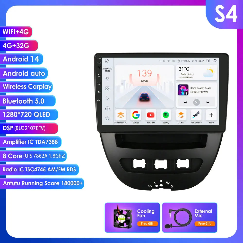 Peugeot 107 Toyota Aygo Citroen C1 9" Android 14 Carplay Android auto wireless wifi bt gps 4g AUTMH3FI
