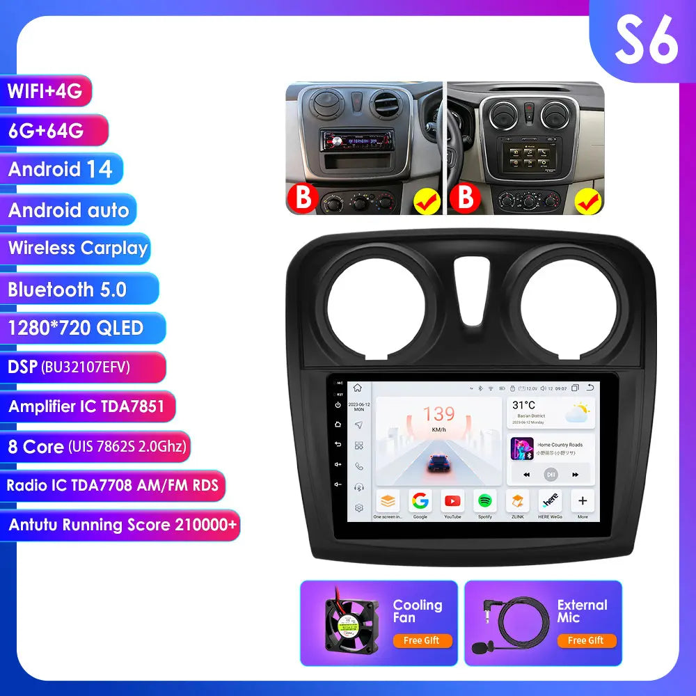 Dacia Logan 2 II Sandero 2 2012-2019 9" Android 14 Carplay Android auto wireless wifi bt gps 4g AUTMH2D9