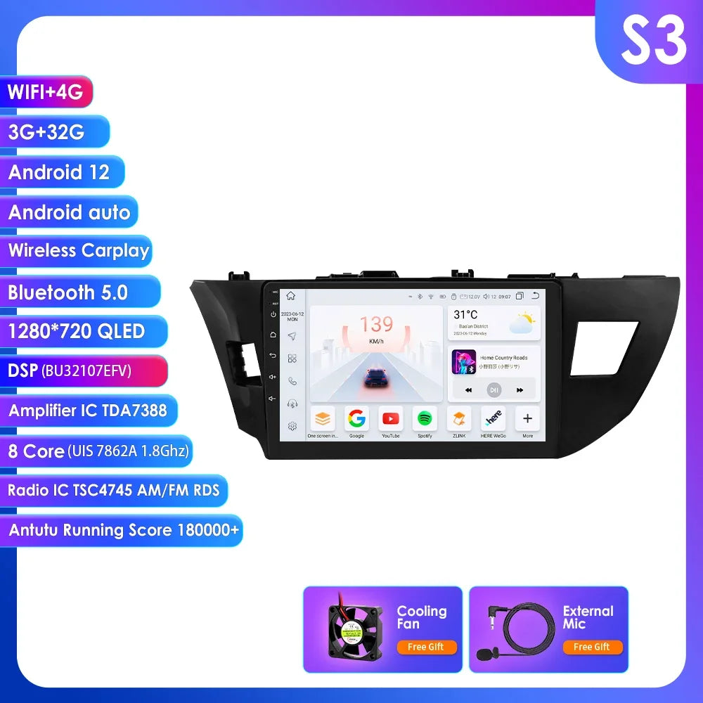 Toyota Corolla 2014-2016 9" Android 14 Carplay Android auto wireless wifi bt gps 4g AUTMCOPZT