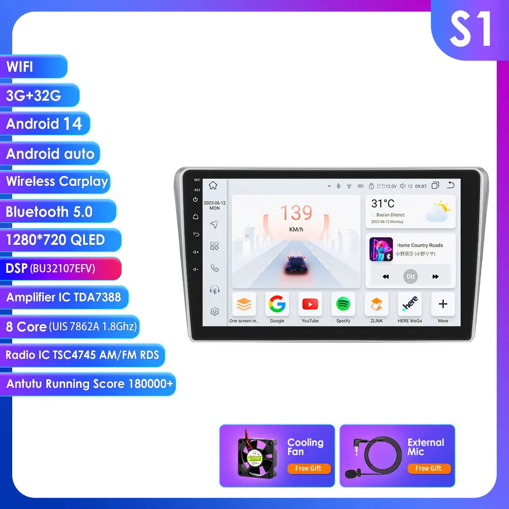 Toyota Avensis T25 2002- 2008 9" Android 14 Carplay Android auto wireless wifi bt gps 4g AUTM01HZ