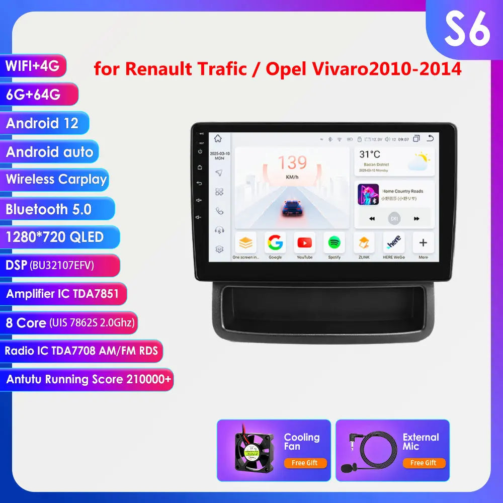 Renault Trafic Opel Vivaro 2010 - 2014 9" Android 14 Carplay Android auto wireless wifi bt gps 4g AUTMQFMG