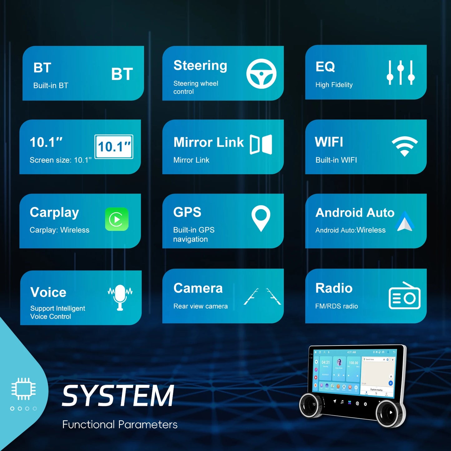 Autoradio 2Din 4+64G/6+128G Quadcore Lettore multimediale da 10,1'' con doppia manopola WIFI Carplay Android Auto Navigazione GPS AUTMUNICXZ
