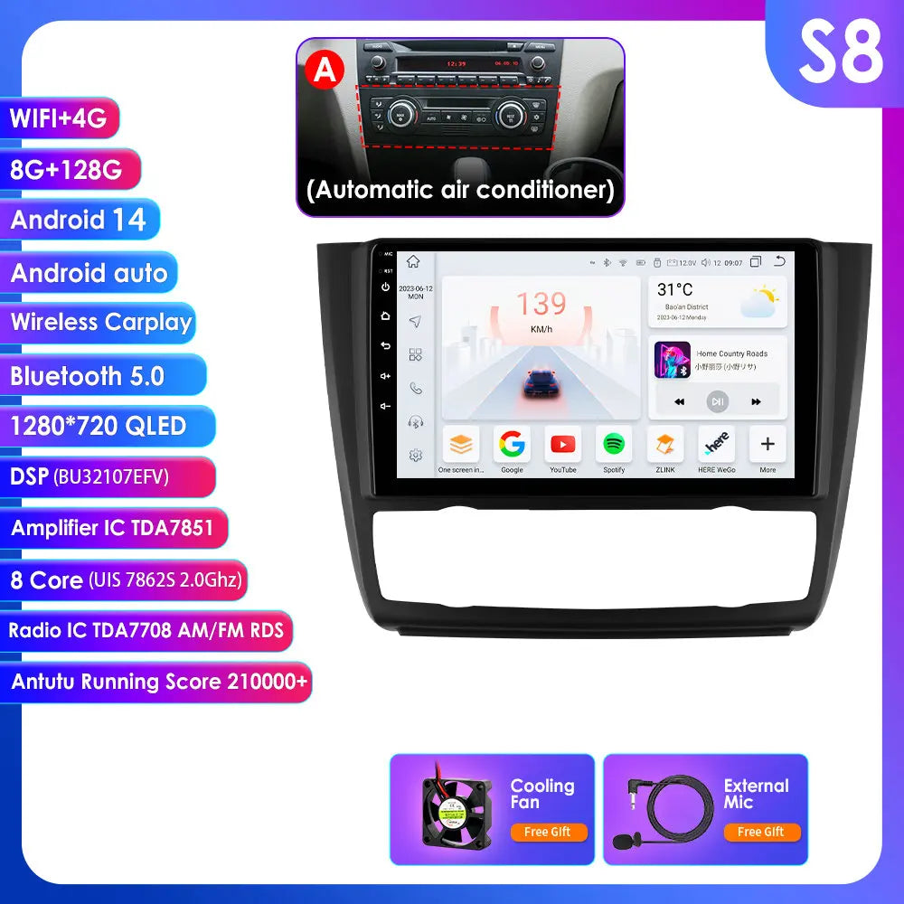 BMW 1 Series E81 E82 E87 E88 2004-2011 9" Android 14 Carplay Android auto wireless wifi bt gps 4g AUTM9KFA