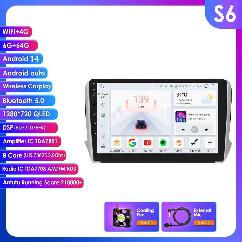 Peugeot 208 2008 Series 2012-2018 9" Android 14 Carplay Android auto wireless wifi bt gps 4g AUTM0LAH