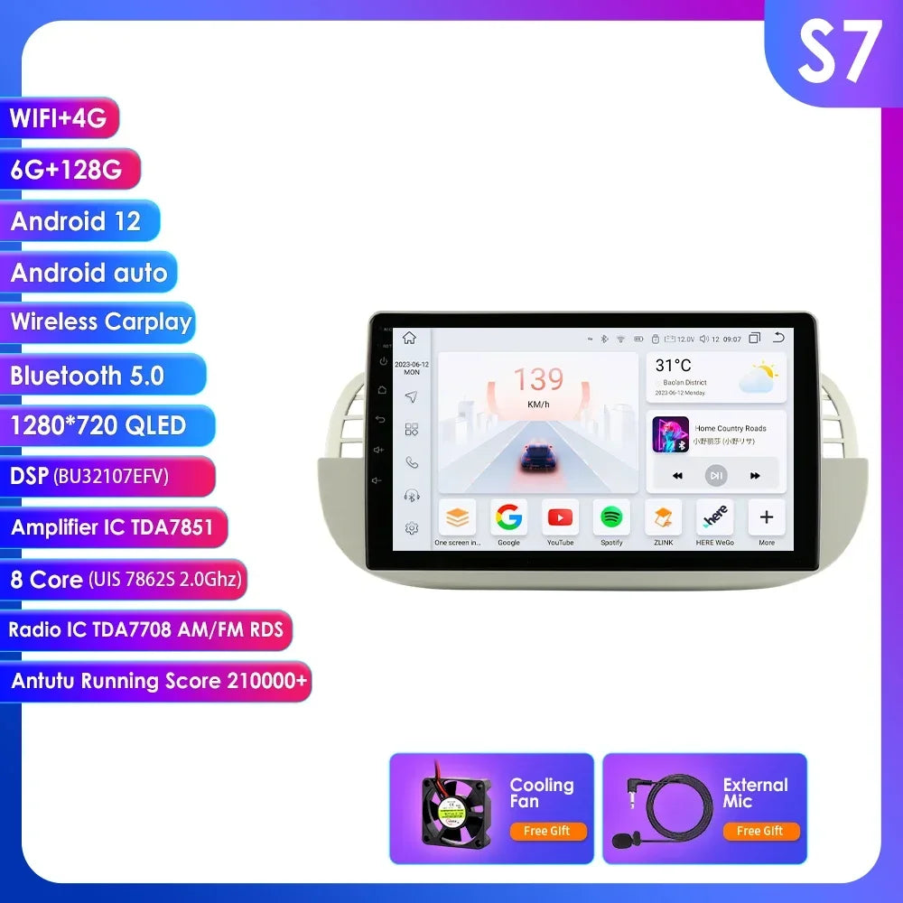 FIAT 500 2007-2015 9" Android 14 Carplay Android auto wireless wifi bt gps 4g AUTMMD9W