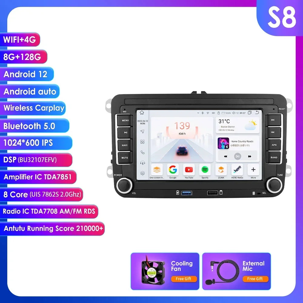 VW / Volkswagen Golf 5 6 Passat B7 B6 Skoda Seat Octavia Polo Tiguan Jetta 7" Android 14 Carplay Android auto wireless wifi bt gps 4g AUTM69U1