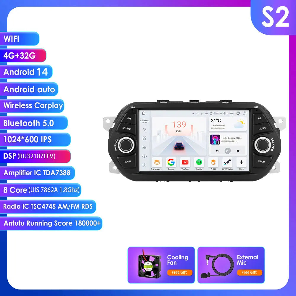 Fiat Tipo Egea 2015-2018 7" Android 14 Carplay Android auto wireless wifi bt gps 4g AUTMTBBV
