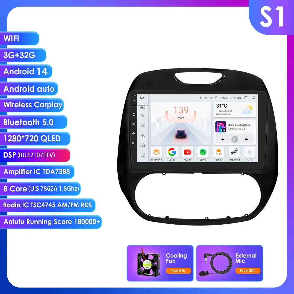 Renault Kaptur Captur 2016-2019 9" Android 14 Carplay Android auto wireless wifi bt gps 4g AUTMG9L6