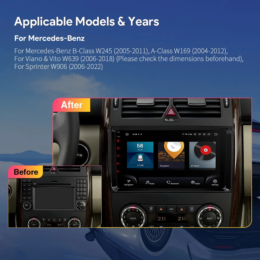 Mercedes B Class W245 A-Class W169 W906 W639 9" QLED Android 12 665 8+256GB Car Radio Stereo DSP Wireless CarPlay AA 4G LTE IQP92M245P
