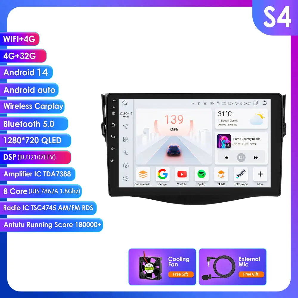Toyota RAV4 RAV 4 2006 - 2012 9" Android 14 Carplay Android auto wireless wifi bt gps 4g AUTM6VGT