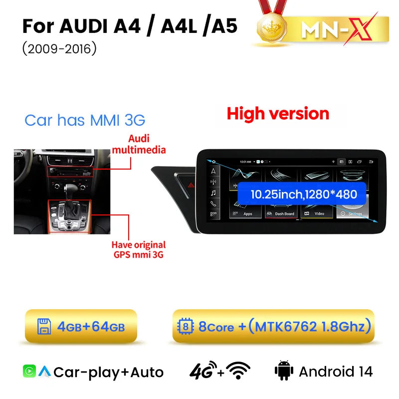 Audi A4 A4L A5 B8 2009-2016 10,25" Android 14 Stereo Car Smart System Wireless CarPlay Wireless Android Auto Multimedia Video Player Display 4G WiFi BT AUTMAI1Y