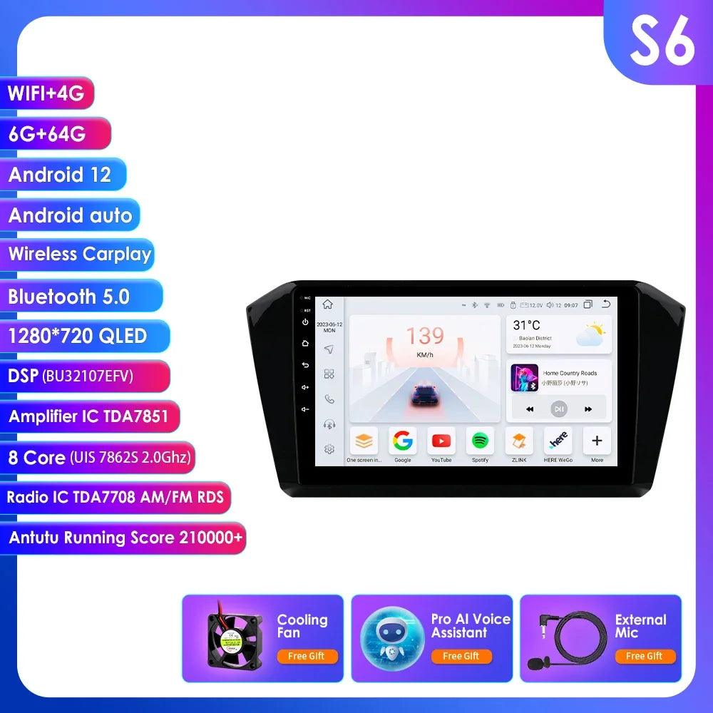 VW Passat B8 2014 -2023 10,1" Android 14 Carplay Android auto wireless wifi bt gps 4g AUTMP6CD
