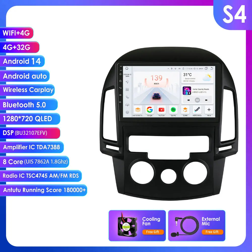 Hyundai I30 2006-2011 9" / 10,33" Android 14 Carplay Android auto wireless wifi bt gps 4g AUTMQS31