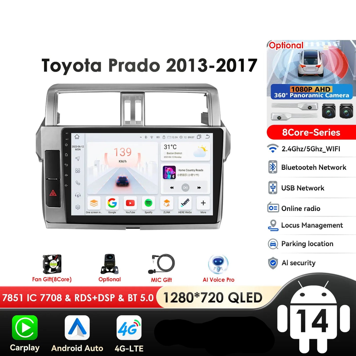 Toyota Land Cruiser Prado 150 2013 - 2017 9" Android 14 Carplay Android auto wireless wifi bt gps 4g AUTMPRCLLT