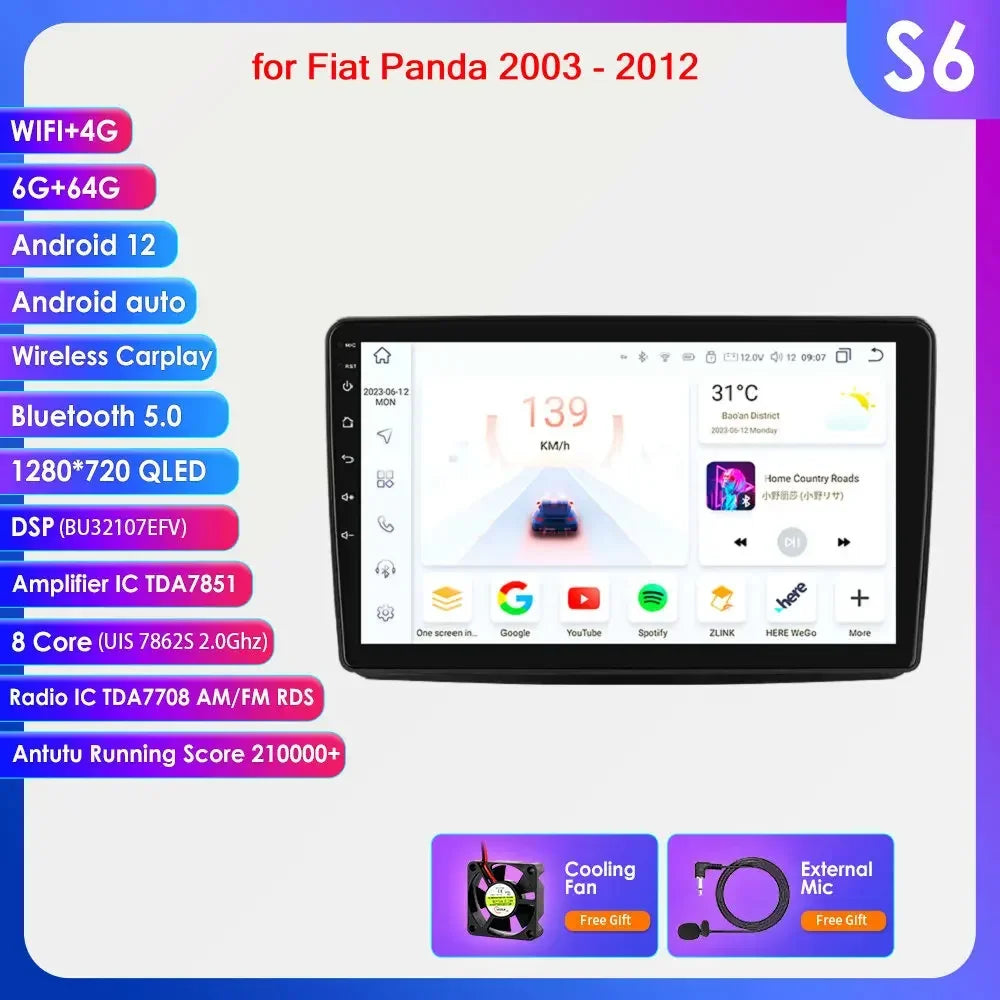 Fiat Panda 2003 - 2012 9" Android 14 Carplay Android auto wireless wifi bt gps 4g AUTMWUM9