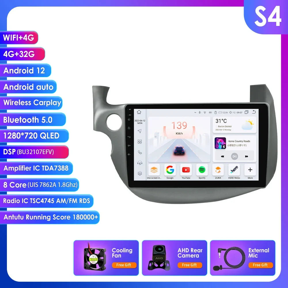 HONDA FIT JAZZ 2007-2013 9" Android 14 Carplay Android auto wireless wifi bt gps 4g AUTMJZFHD