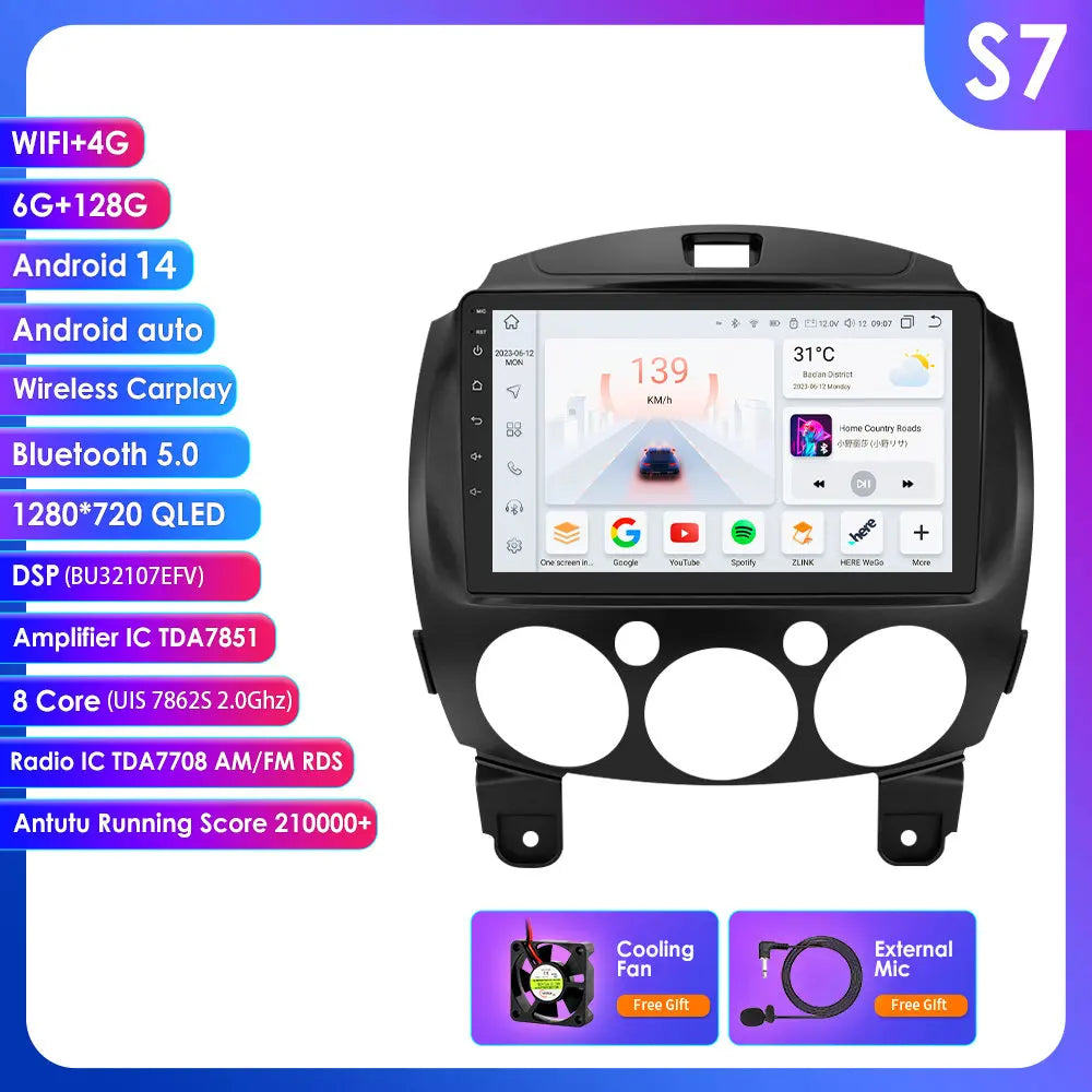 MAZDA 2 Mazda2 2007 - 2014 9" Android 14 Carplay Android auto wireless wifi bt gps 4g AUTMZVDM2
