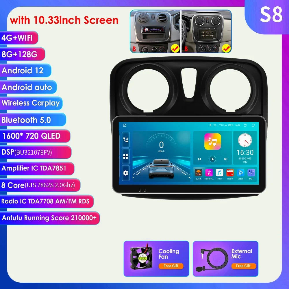 Dacia Logan 2 II Sandero 2 2012-2019 9" Android 14 Carplay Android auto wireless wifi bt gps 4g AUTMH2D9